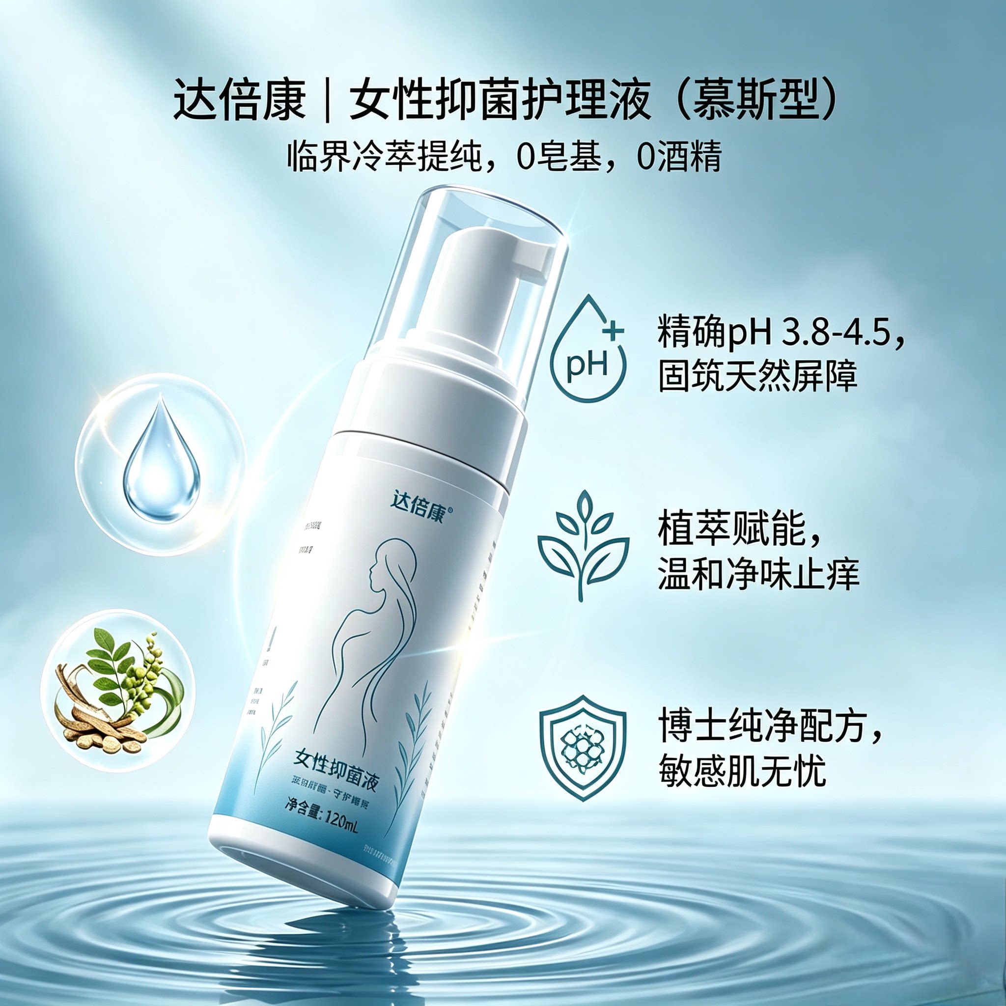 达贝康女性私密抑菌护理慕斯植萃私处洗液舒缓止痒去味免洗120ml