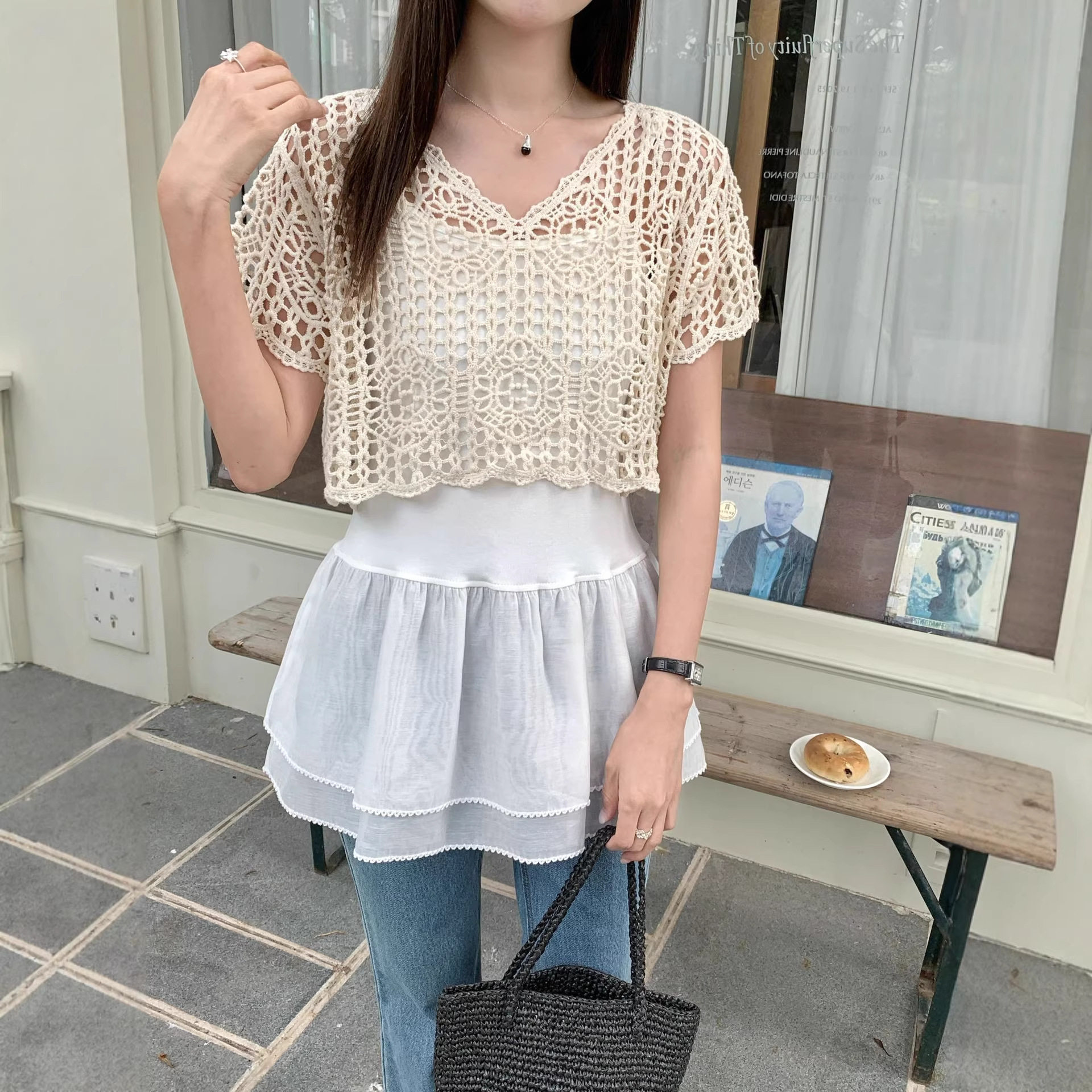 钩花镂空短款罩衫女夏季叠穿网衫宽松V领短袖上衣百搭套头针织衫