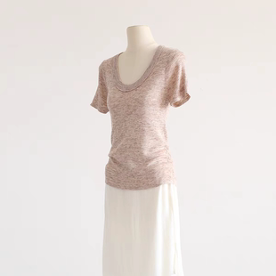 U领短袖 套头T恤气质百搭小衫 针织衫 显瘦打底衫 上衣 女春夏修身 法式