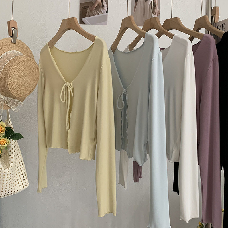 木耳边绑带开衫长袖外搭上衣女春夏配裙子披肩百搭薄外套短款罩衫