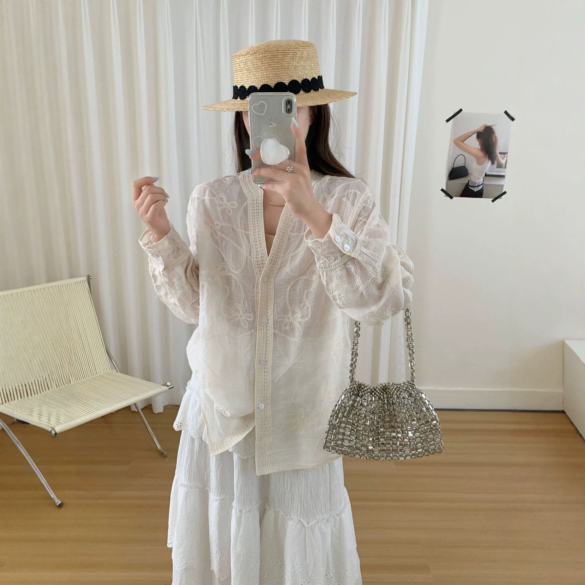 夏季薄款透气防晒开衫纯棉刺绣V领长袖衬衫宽松洋气百搭女上衣