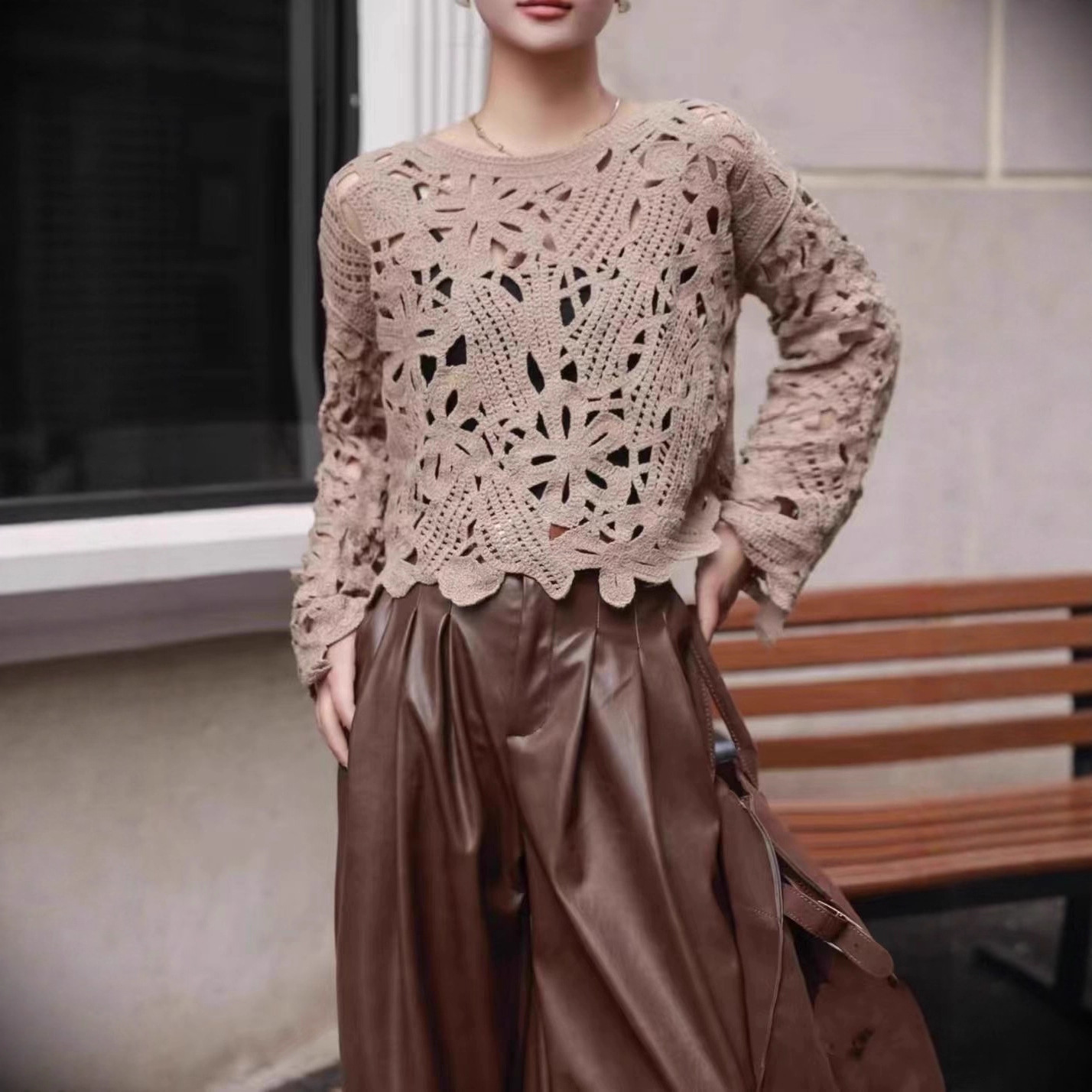 法式镂空钩花针织衫女春夏上衣百搭罩衫宽松长袖网衫度假风小衫