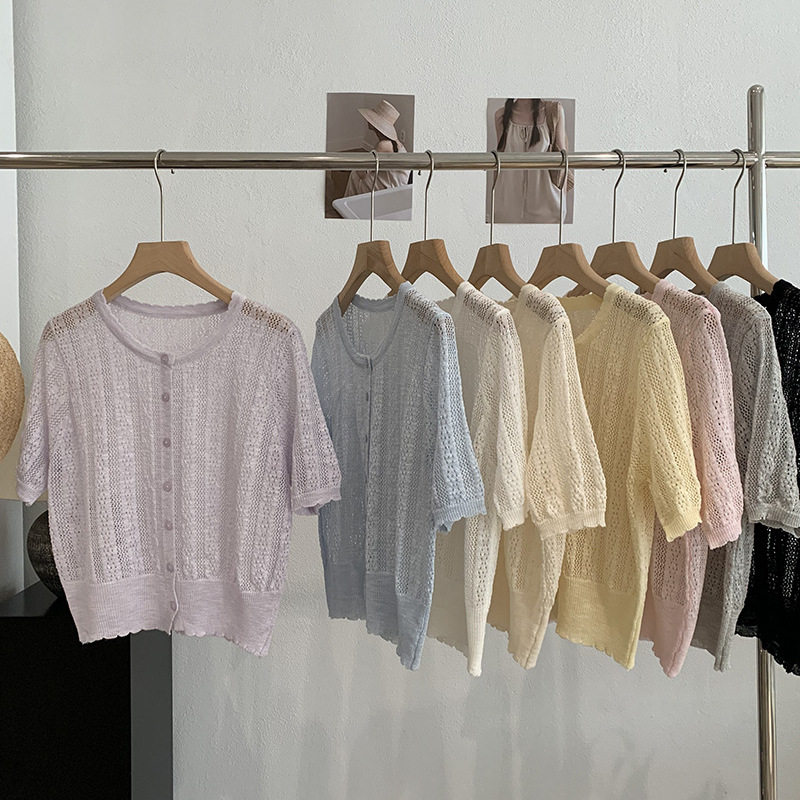 韩版花边镂空短袖针织衫女薄开衫夏季单排扣罩衫宽松显瘦小衫上衣