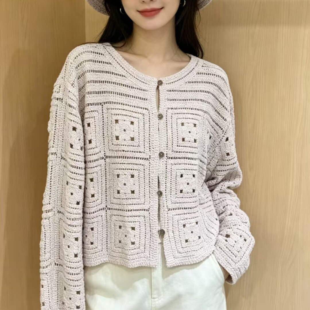 法式镂空针织衫短款开衫薄外套女春秋长袖单排扣上衣宽松显瘦罩衫