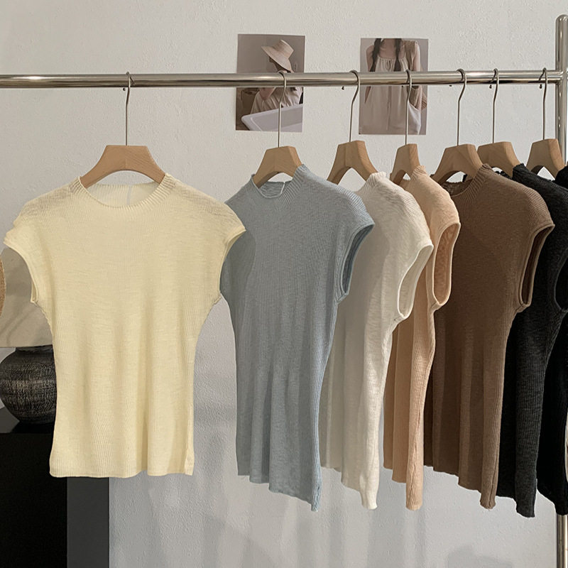 立领针织衫女春夏外穿无袖上衣时尚百搭T恤气质坎肩短款背心小衫