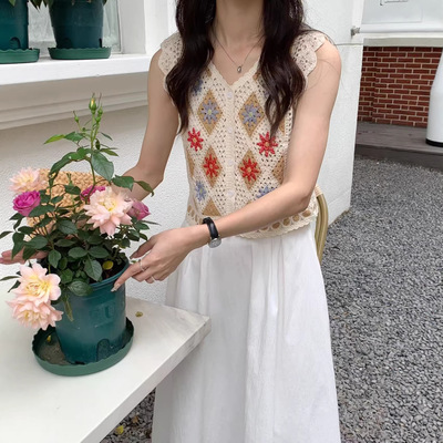 拼色镂空格子针织马甲背心女春夏新款度假风外搭叠穿开衫无袖上衣