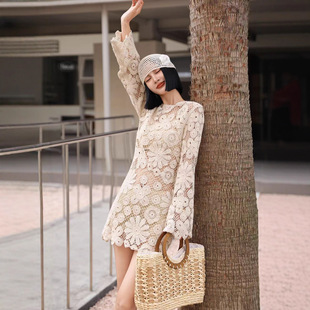 法式复古钩花镂空长袖针织衫女春夏中长款套头罩衫裙子度假风上衣