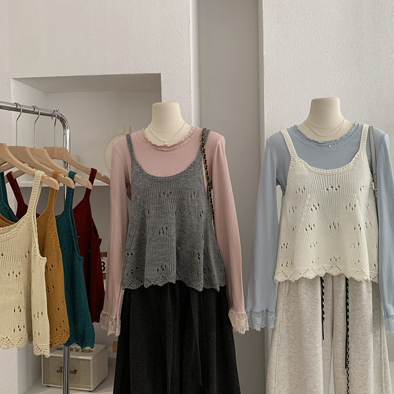 波浪边镂空吊带坎肩女秋冬百搭针织马甲背心宽松毛衣叠穿无袖上衣