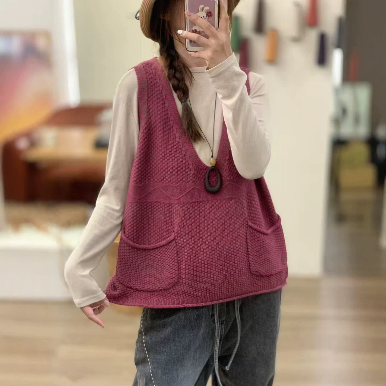 2026秋季新款棉线复古双口袋针织背心套头宽松大版休闲坎肩马甲女