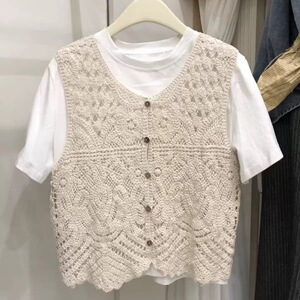 编织镂空钩花上衣女春夏百搭叠穿单排扣针织背心马甲无袖小衫坎肩