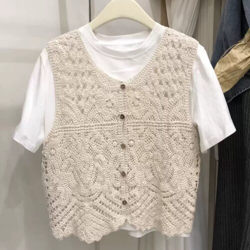 编织镂空钩花上衣女春夏百搭叠穿单排扣针织背心马甲无袖小衫坎肩