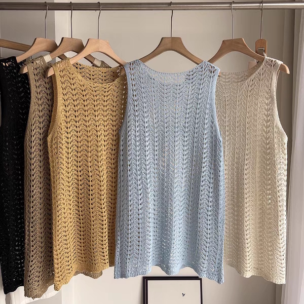 度假风镂空针织衫女春夏外穿中长款罩衫无袖上衣宽松百搭马甲背心