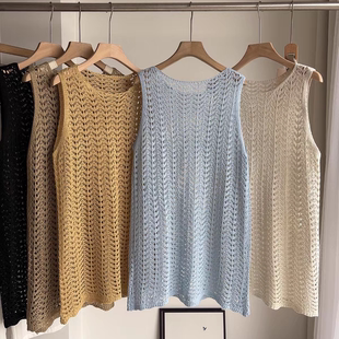 度假风镂空针织衫女春夏外穿中长款罩衫无袖上衣宽松百搭马甲背心