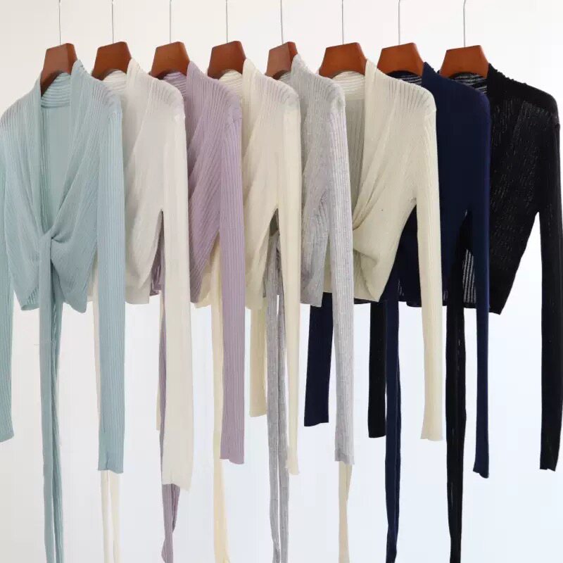 天丝针织衫薄外套女春夏短款交叉V领开衫系带披肩长袖设计感上衣