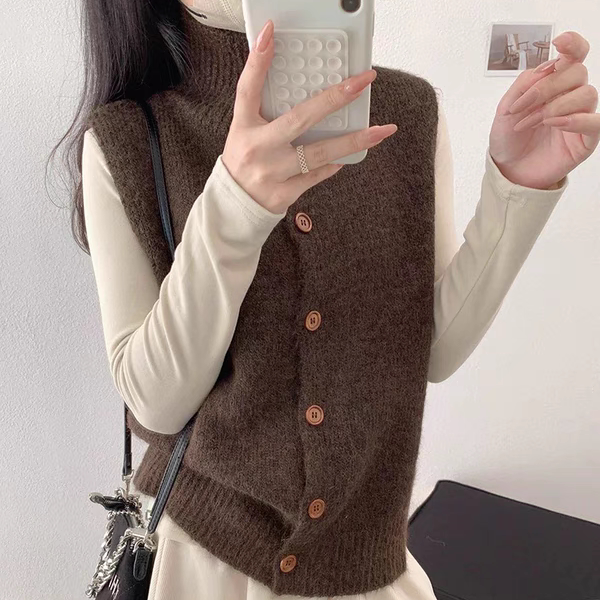 立领叠穿针织马甲女秋季单排扣开衫无袖毛衣坎肩宽松百搭上衣背心
