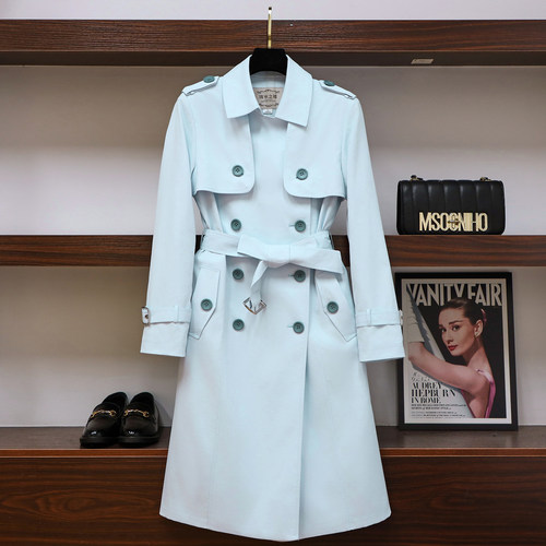 沈水之媛浅蓝色长款女式风衣