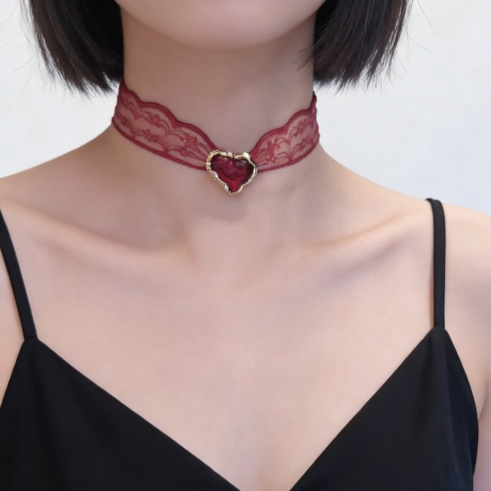 纯欲少女新年红蕾丝choker爱心千禧辣妹高级显白锁骨链项圈女