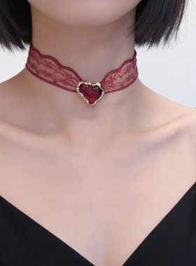 纯欲少女新年红蕾丝choker爱心千禧辣妹高级显白锁骨链项圈女