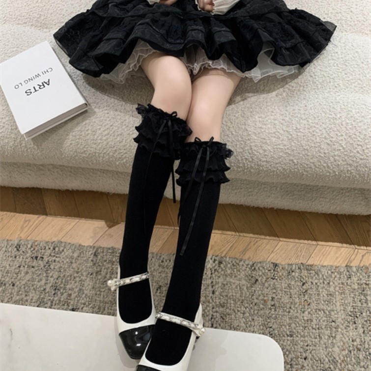 花边洛丽塔腿袜lolita女棉袜多层中筒jk制服袜子蝴蝶结长袜萝莉