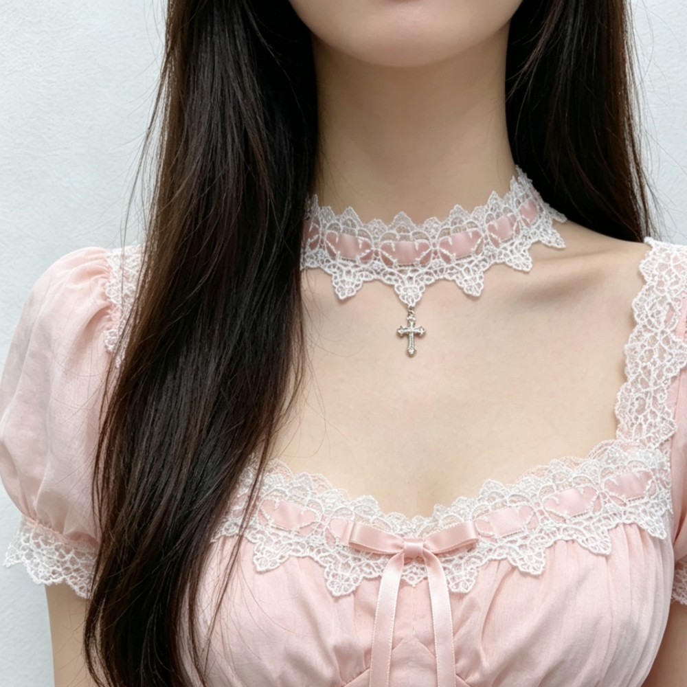 蕾丝绒带粉色十字架吊坠项链颈圈女小众设计感锁骨链洛丽塔颈带