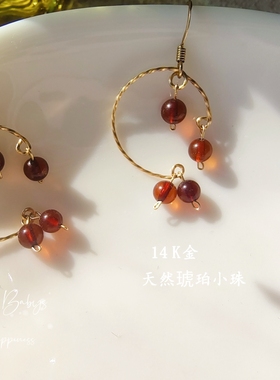 （Tong Babys）Young手作 国风天然琥珀小单珠14K金女耳饰