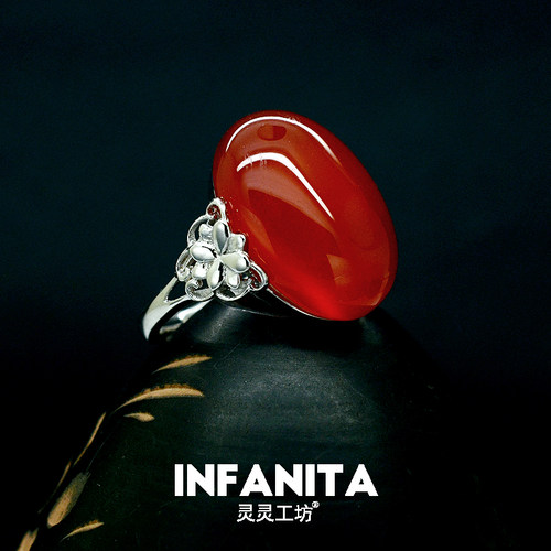 原创新品天然红玛瑙戒指女款开口S925纯银莲花花卉系简约夸张R60