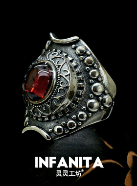 原创新品欧美夸张朋克戒指S925纯银石榴石开口指环男女情侣款R58