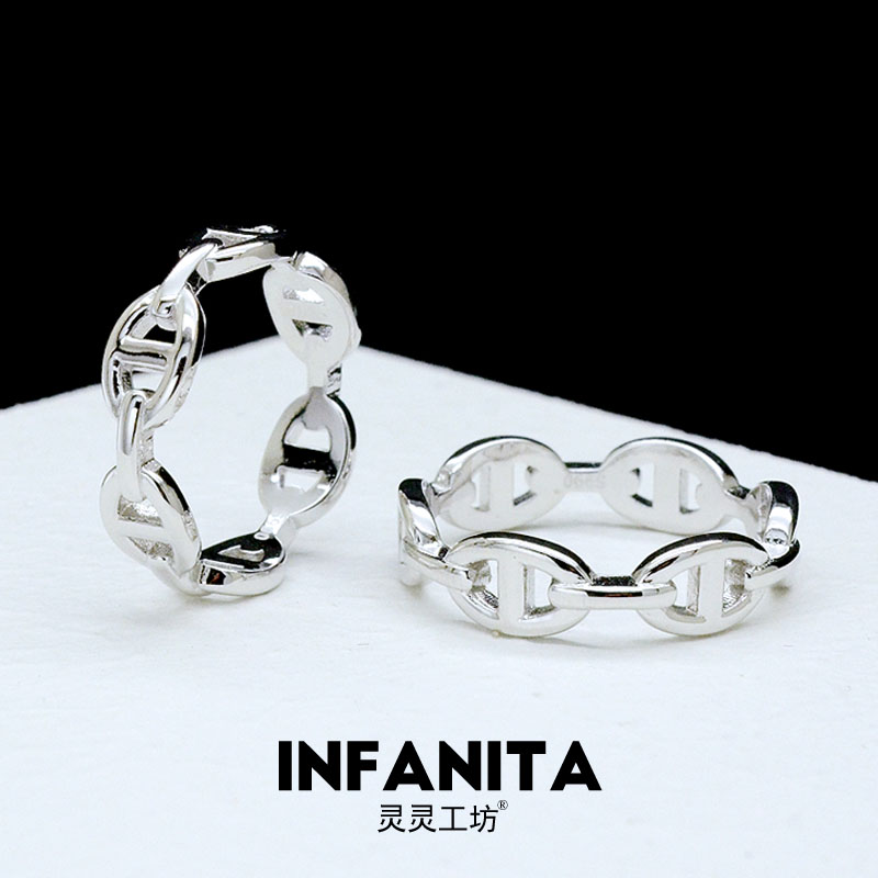 纯银猪鼻子戒指990银欧美潮情侣