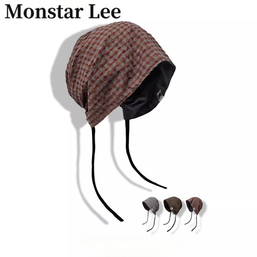 Monstar Lee日系复古双面格纹包头帽子女冬系带冷帽高级感堆堆帽