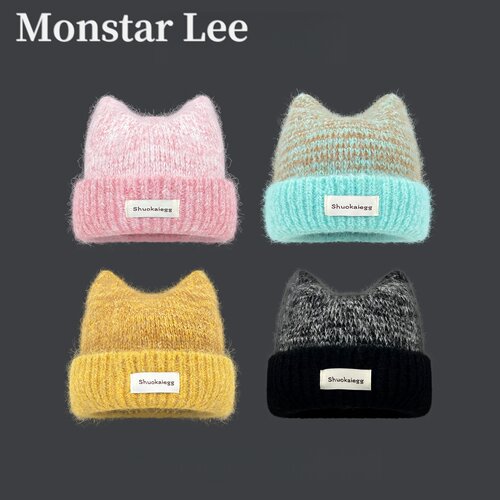 MonstarLee可爱猫耳朵松软针织帽子女保暖百搭显脸小毛线帽大头围