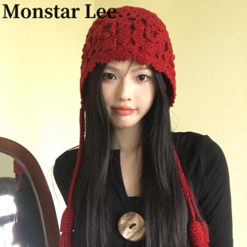 MonstarLee川西旅游花朵流苏红色毛线帽子女冬针织包头帽护耳冷帽