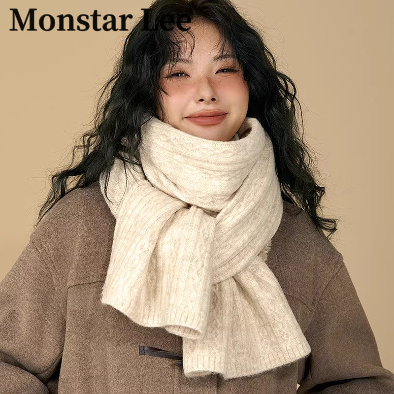 Monstar Lee软糯米白色围巾女冬复古麻花保暖加厚针织毛线围脖男