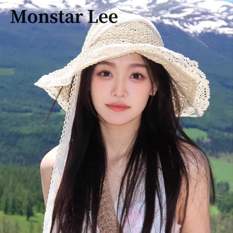 MonstarLee防晒帽女夏2025新款蕾丝草编田园海边度假沙滩遮阳草帽
