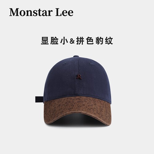 MonstarLee潮牌豹纹拼色磨毛棒球帽女夏复古时尚个性软顶鸭舌帽子