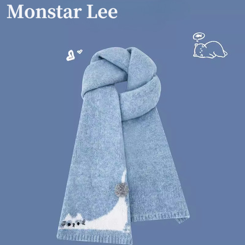 MonstarLee慵懒毛球小猫针织围巾女秋冬保暖蓝色可爱围脖学生防寒