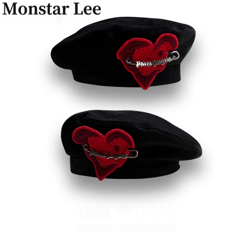 Monstar Lee潮牌设计师复古爱心别针贝雷帽女秋冬日系网红画家帽