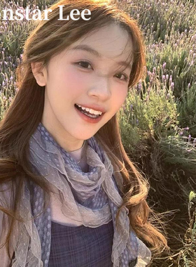 Monstar Lee神仙藤井树同款灰蓝色波点蕾丝边丝巾女薄款围脖围巾