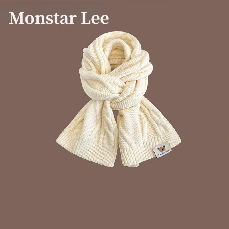 Monstar Lee日系布标麻花针织围巾女冬保暖白色学生情侣毛线围脖