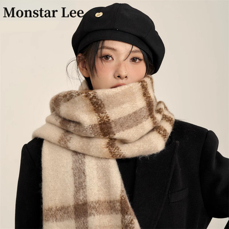 Monstar Lee条纹围巾女冬季2026新款高级感加厚保暖米色格子围脖