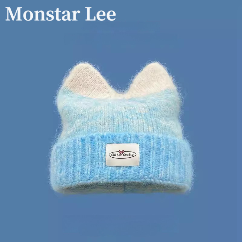 MonstarLee可爱猫耳朵渐变松软毛线帽子女秋冬保暖百搭学生针织帽