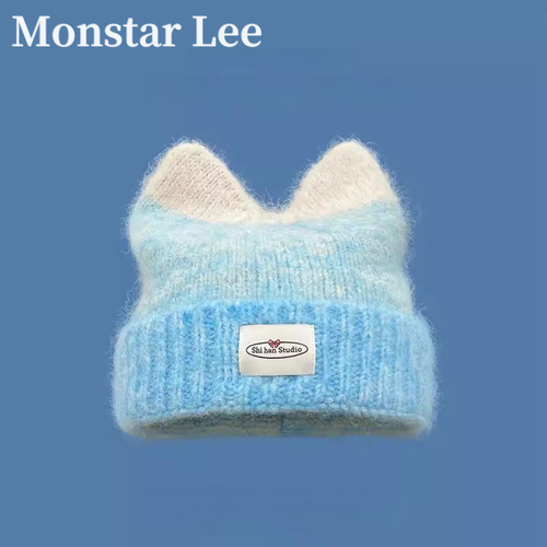 MonstarLee可爱猫耳朵渐变松软毛线帽子女秋冬保暖百搭学生针织帽