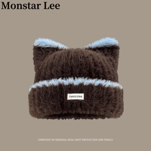 MonstarLee可爱猫耳朵毛绒针织毛线帽子女冬保暖护耳显脸小包头帽