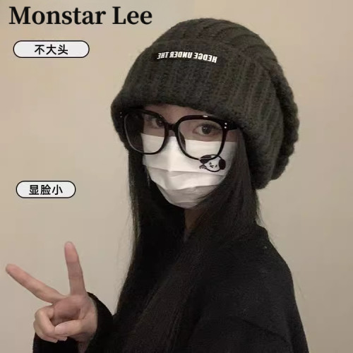 MonstarLee大头围毛线帽子女冬保暖显脸小针织堆堆帽黑色护耳冷帽
