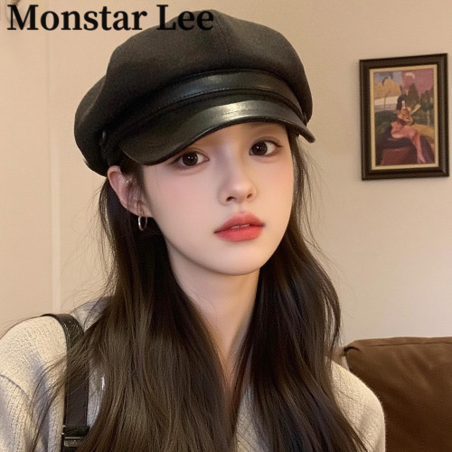 MonstarLee复古黑色贝雷帽女秋冬英伦风百搭八角帽大头围画家帽子