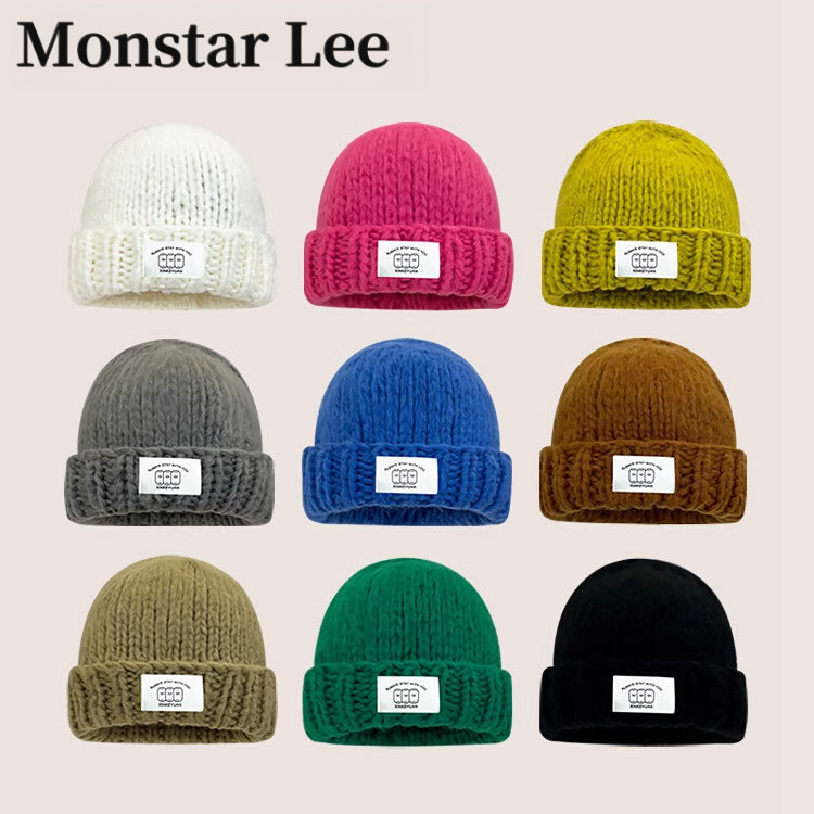 Monstar lee粗针织毛线帽子女秋冬大头围宽松保暖加厚显脸小麻花