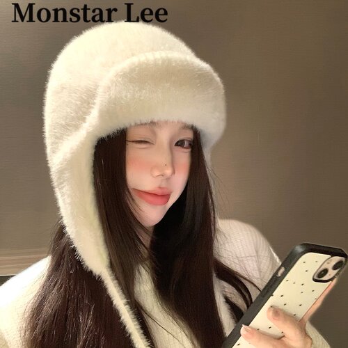 MonstarLee白色毛绒雷锋帽子女秋冬加厚针织护耳显脸小保暖飞行帽