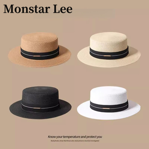 Monstar Lee大头围平顶礼帽草帽女英伦遮阳防晒帽沙滩度假海边男