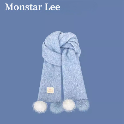 MonstarLee软糯糯马卡龙蓝色毛球围巾女秋冬保暖清新学生针织围脖