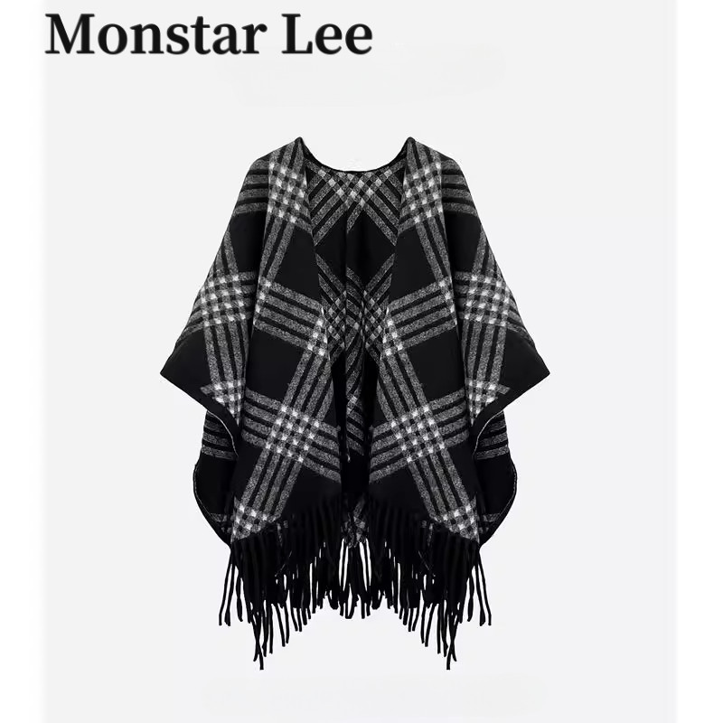 MonstarLee经典黑白格纹仿羊绒披肩女冬加厚保暖气质百搭披风斗篷