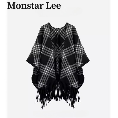 MonstarLee经典黑白格纹仿羊绒披肩女冬加厚保暖气质百搭披风斗篷
